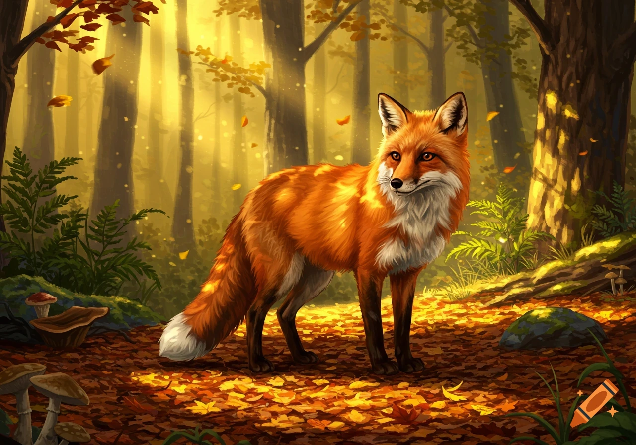 A vibrant red fox stands in a sunlit forest filled with fallen autumn leaves and mushrooms, rendered in a painterly style.