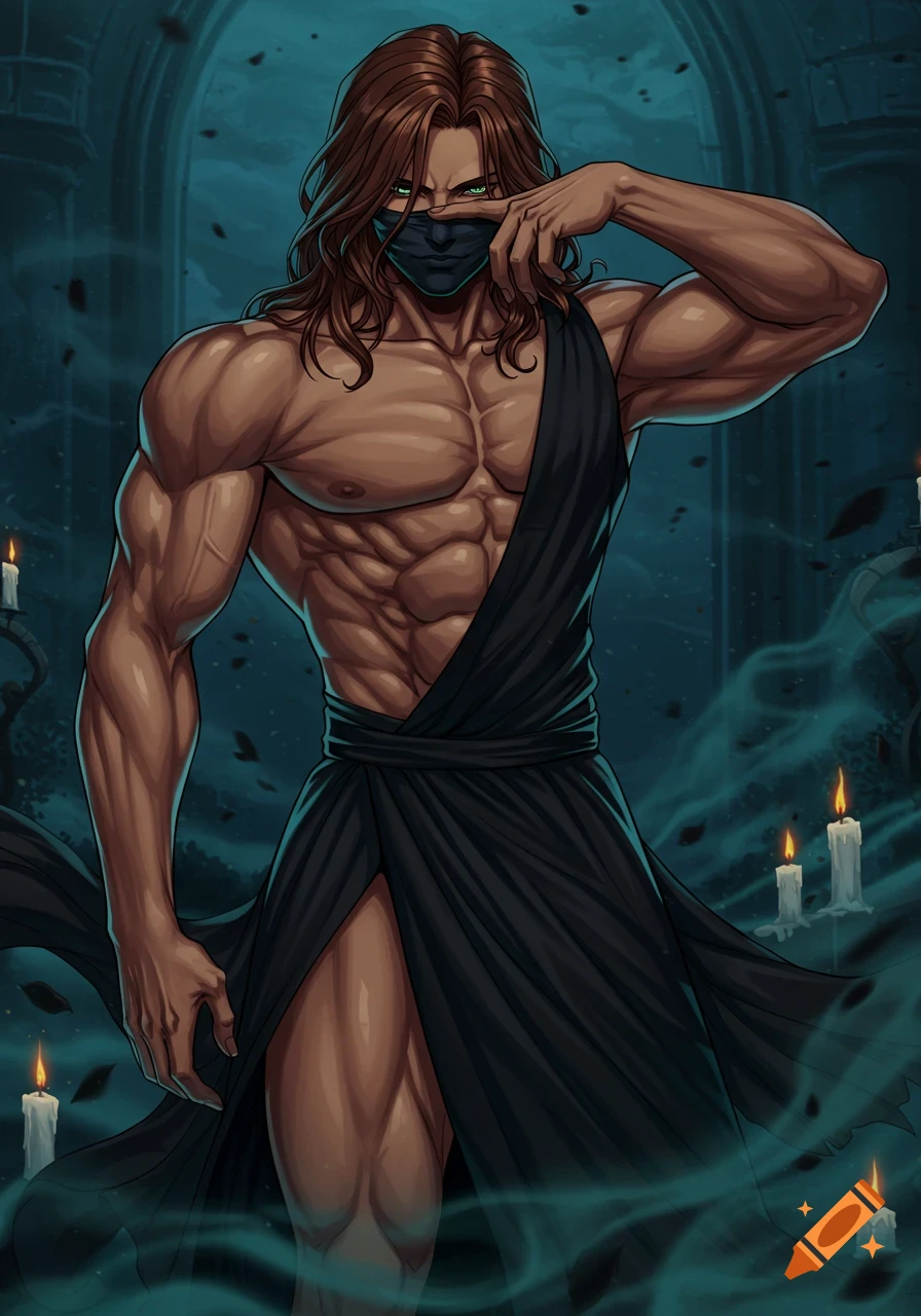Anime style muscular man with long brown hair, black mask, and green eyes, wearing a black draped robe in a dark, smoky gothic setting with candles.