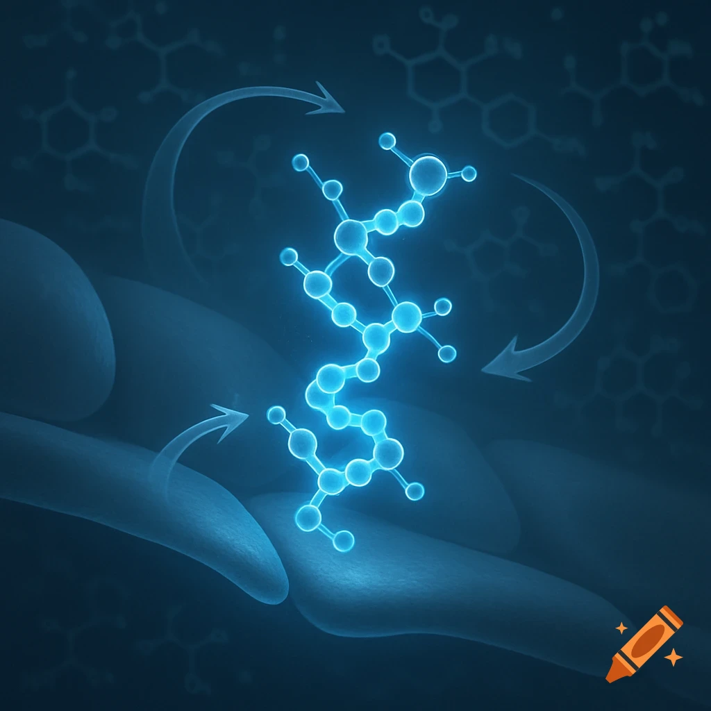 Glowing blue molecular structure with arrows on a dark background, illustrating a scientific process.