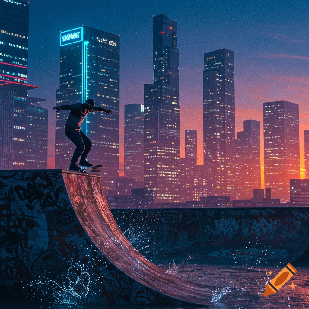 Skateboarder on a ramp with water splashing, illuminated by city lights and a vibrant sunset skyline.
