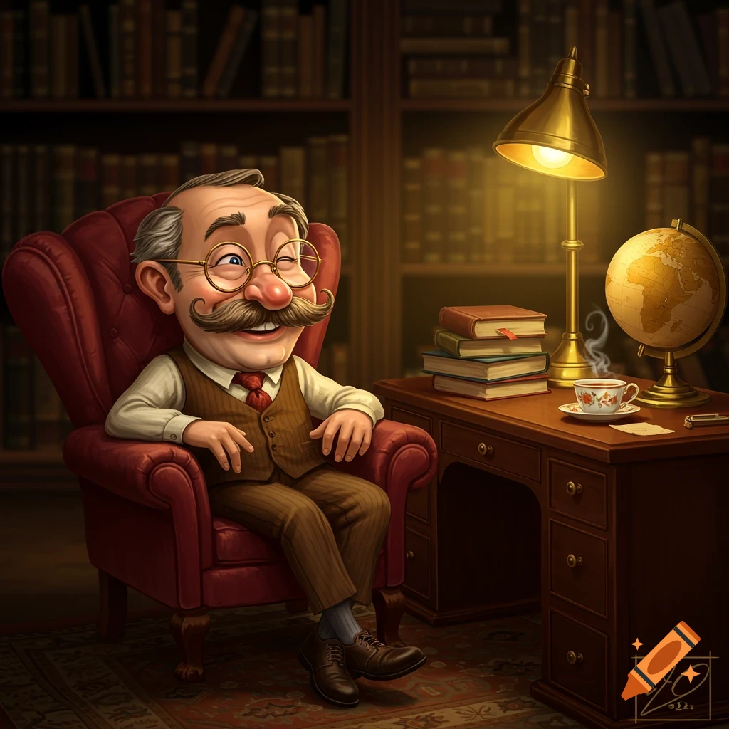 A smiling cartoon man with a big mustache and glasses sits in a red armchair in a cozy library with books and a globe.