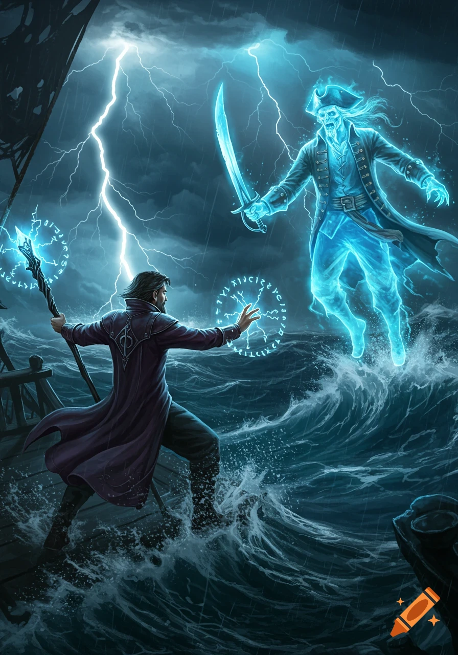 A magician conjures spells to fight a glowing blue ghost pirate on a stormy, wave-tossed ship deck.