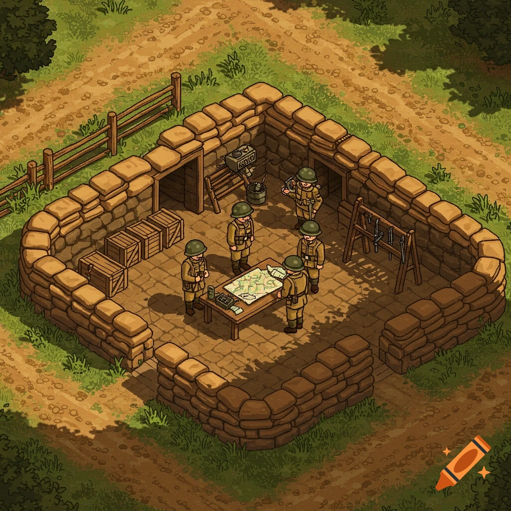 Top-down pixel art illustration of soldiers in a military dugout, featuring a map table, sandbag walls, and military equipment.