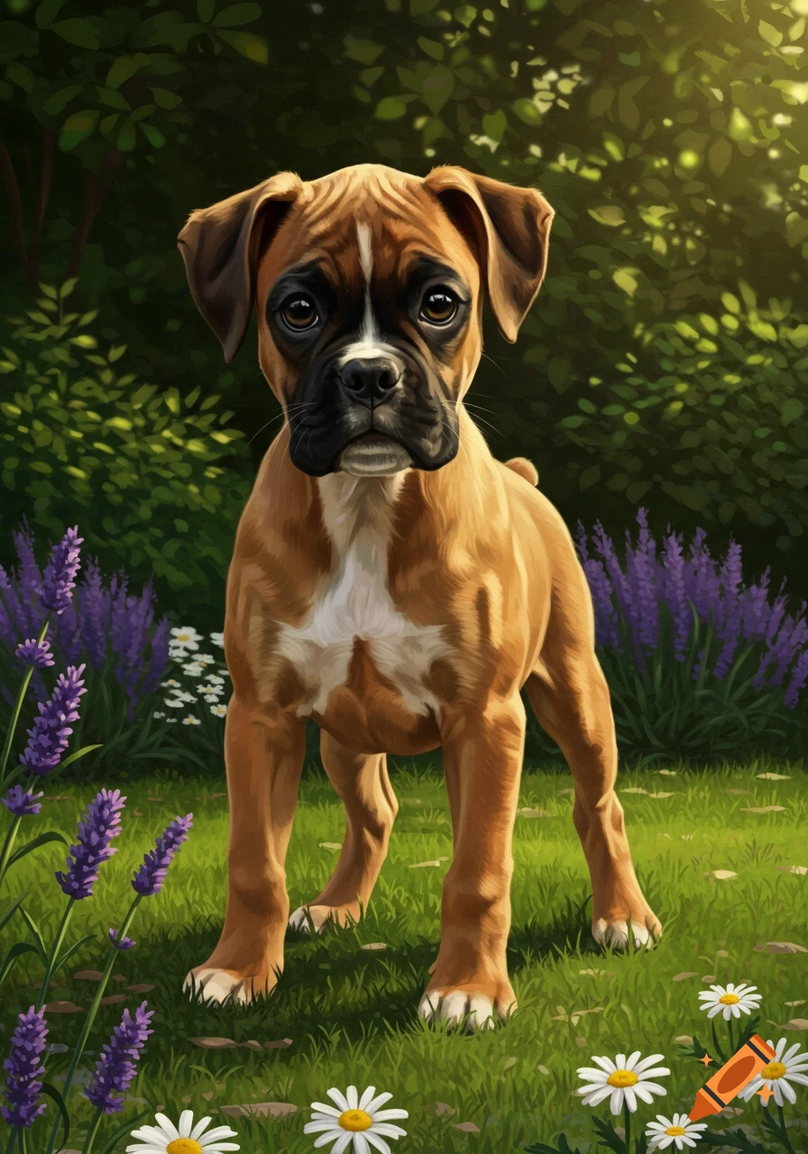 A cute fawn boxer puppy with black muzzle and soulful eyes stands in a lush green garden with purple lavender and white daisies, looking at the viewer.