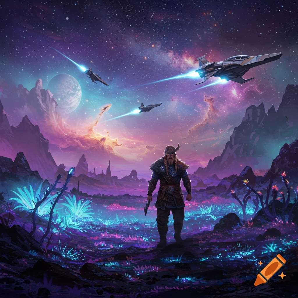 A Viking explorer stands on an alien planet with glowing plants under a vibrant starry sky, with spaceships flying overhead.