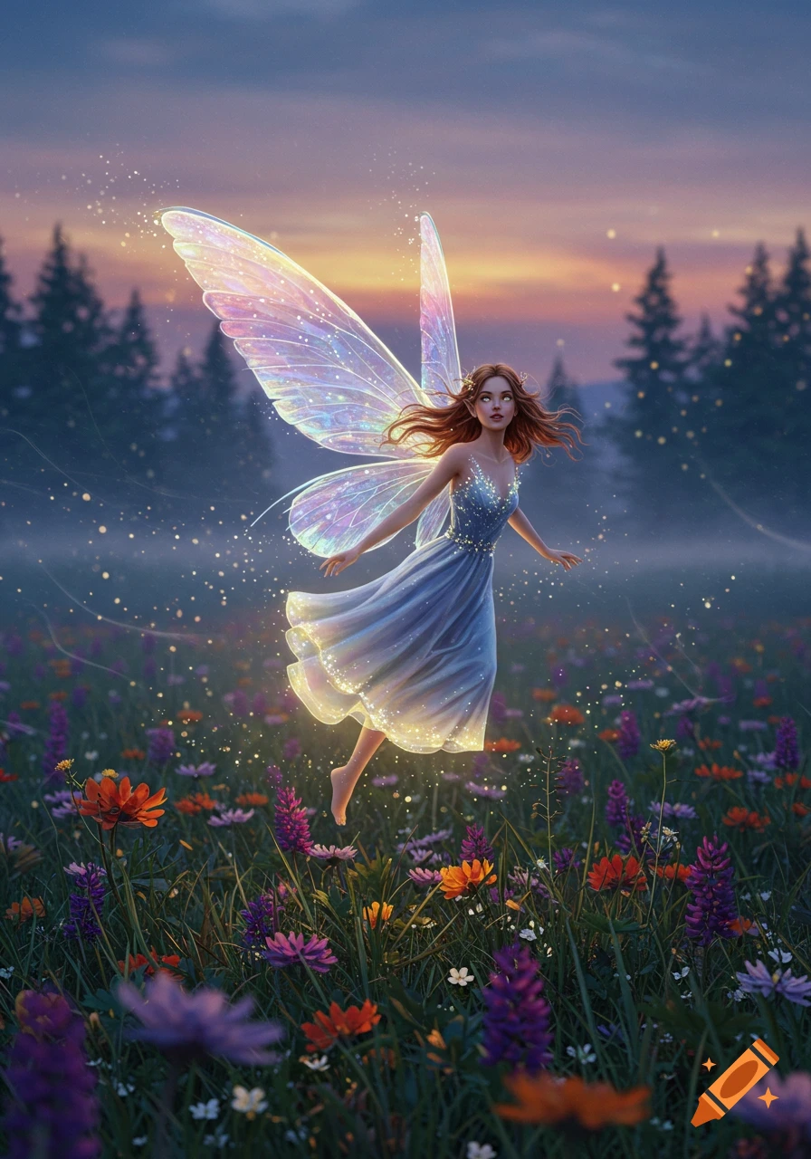 A fairy with glowing iridescent wings floats over a field of colorful wildflowers at sunset, surrounded by sparkling dust.