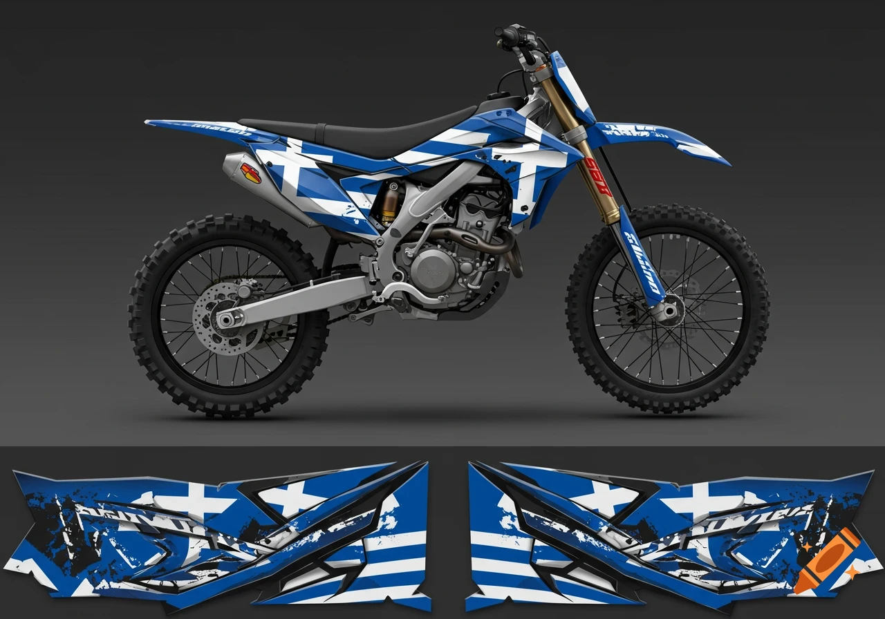 A blue and white dirt bike with Greek flag inspired graphics on a dark gray background, with additional graphic panels below.