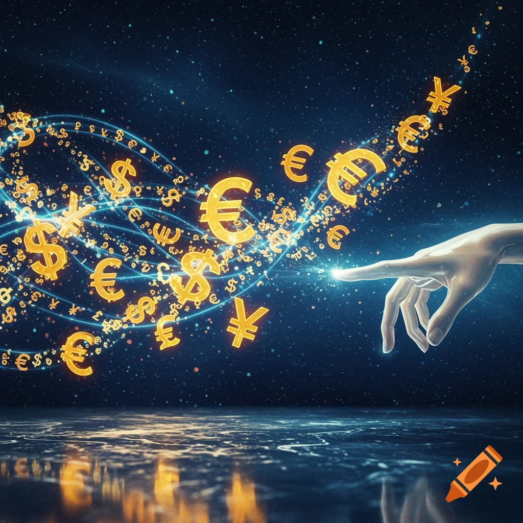 A hand touches a glowing stream of digital currency symbols (€, $, ¥) on a dark, reflective surface, against a starry background.