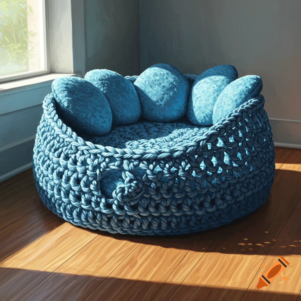 A round blue crochet cat bed on a wooden floor, illuminated by sunlight from a window.