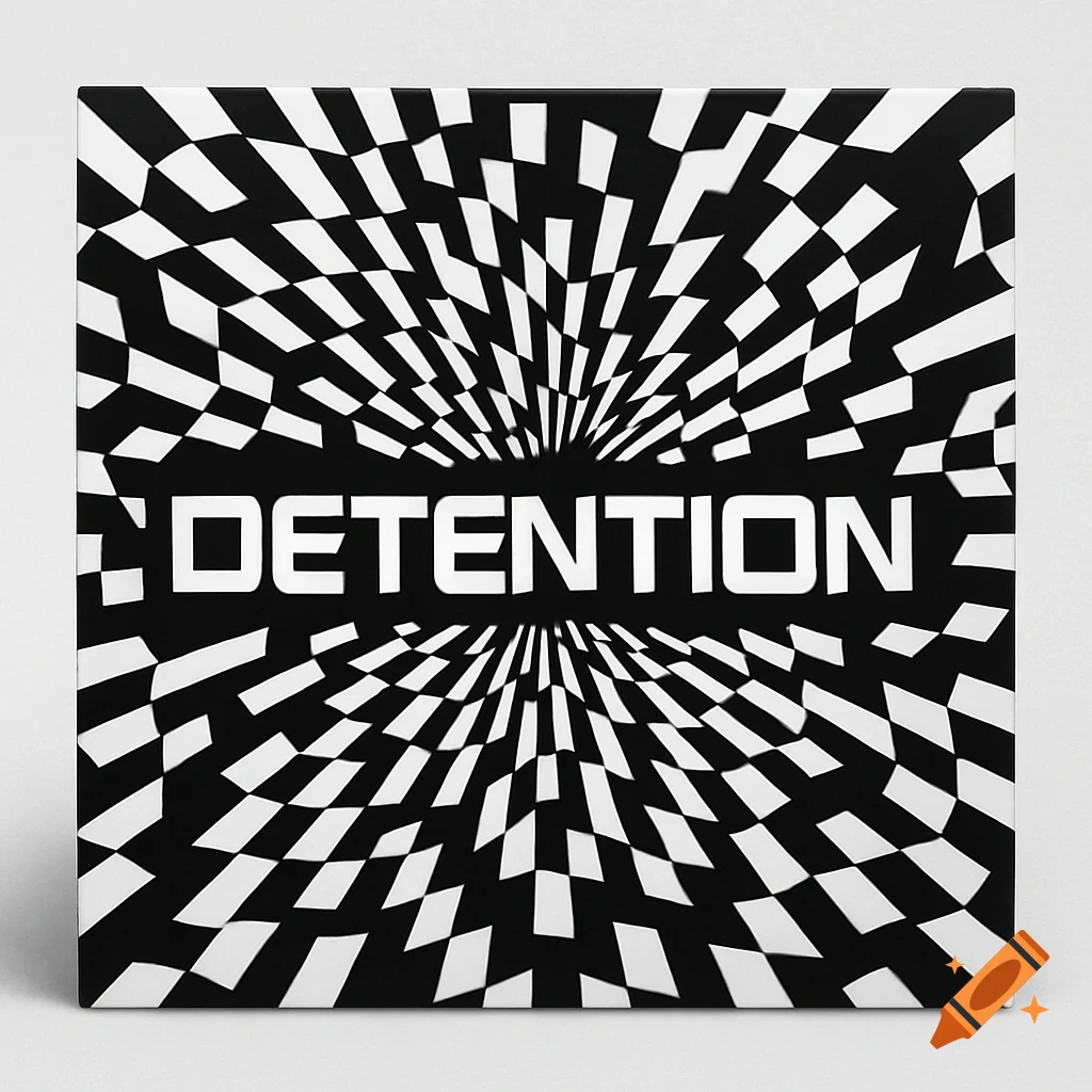 Black and white record sleeve with 'DETENTION' in a techno font on a warping checkerboard optical illusion.