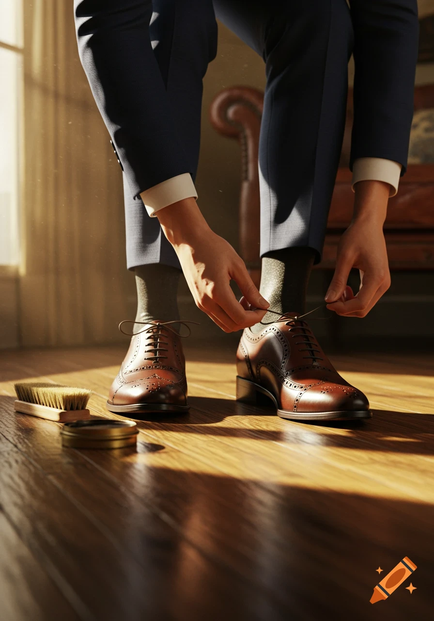 Close-up of a person in a suit tying the laces of brown dress shoes on a polished wooden floor, with shoe care items nearby.