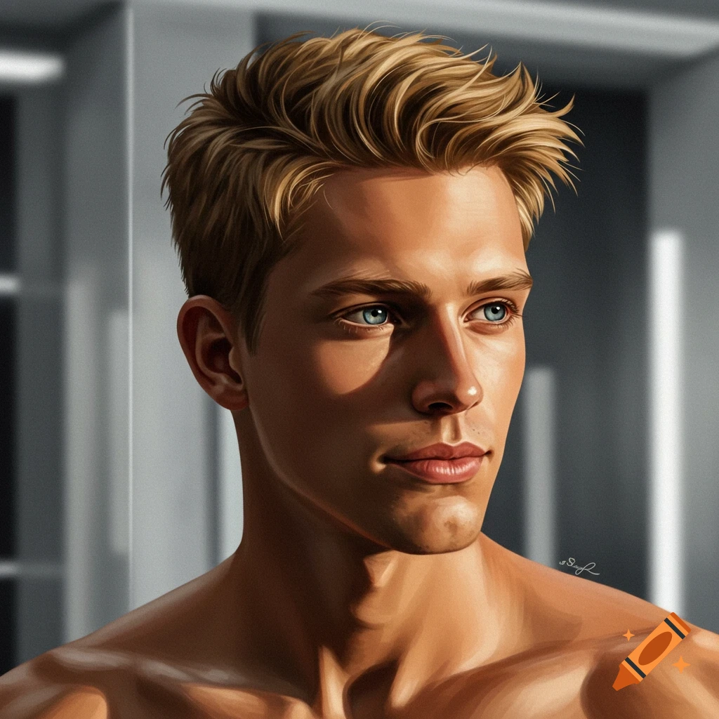 A close-up, photorealistic portrait of a blond man with blue eyes and a sharp jawline, bathed in warm sunlight.