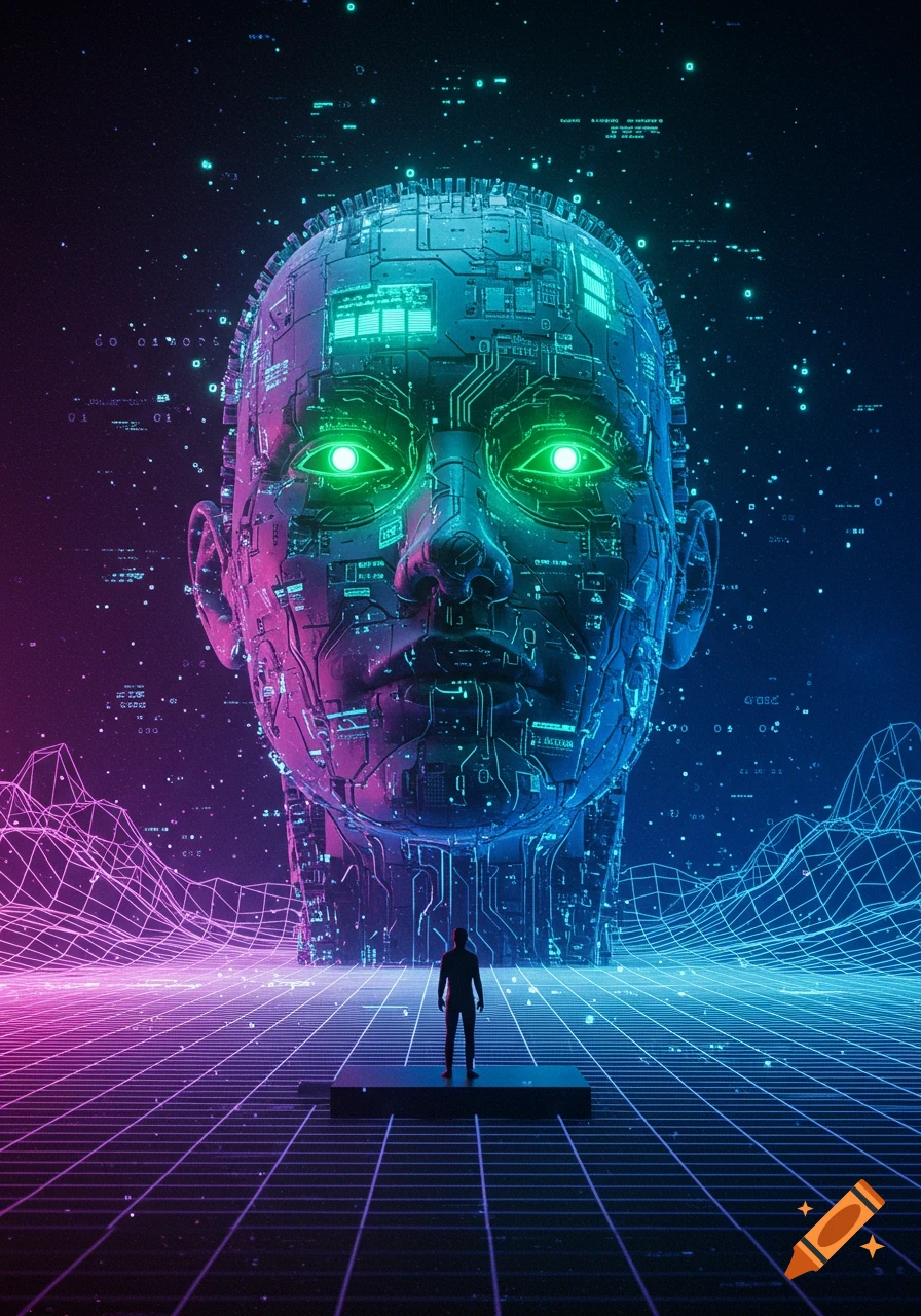 A colossal, glowing AI face made of circuits looms over a tiny human figure in a vast, neon-lit digital void.