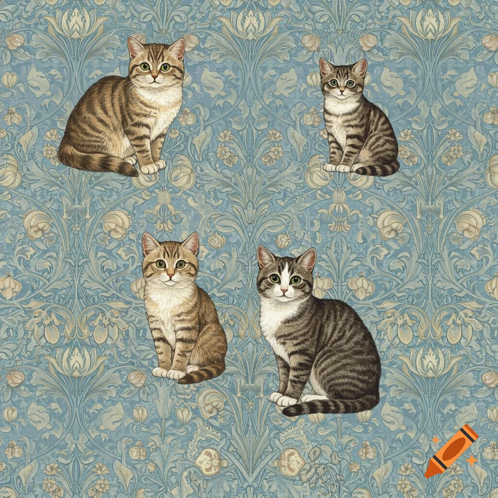 Four tabbies and kittens sit on a light blue and grey William Morris-inspired floral patterned background.