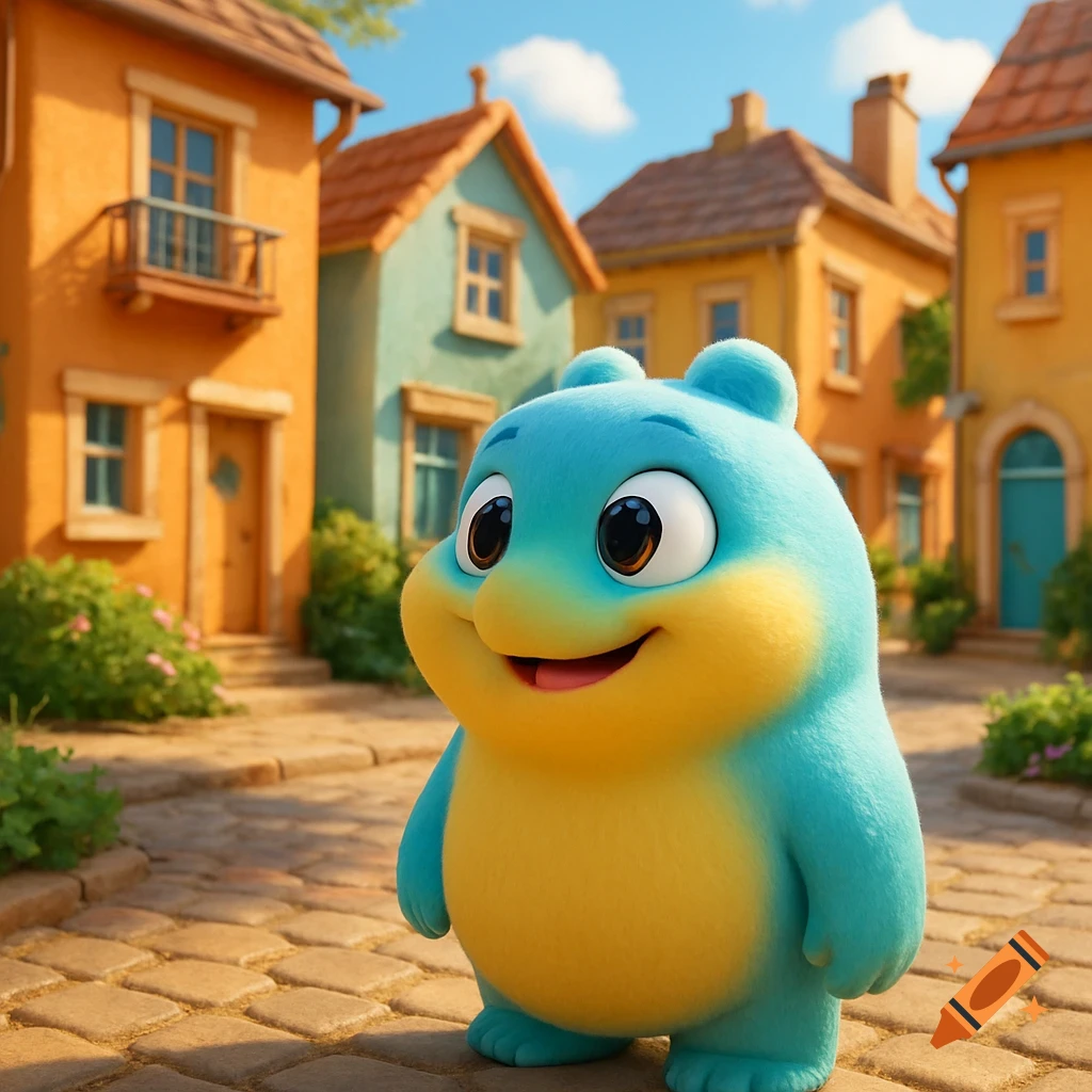 A fluffy blue and yellow creature with large eyes smiles on a cobblestone street in a colorful cartoon town, Pixar style.