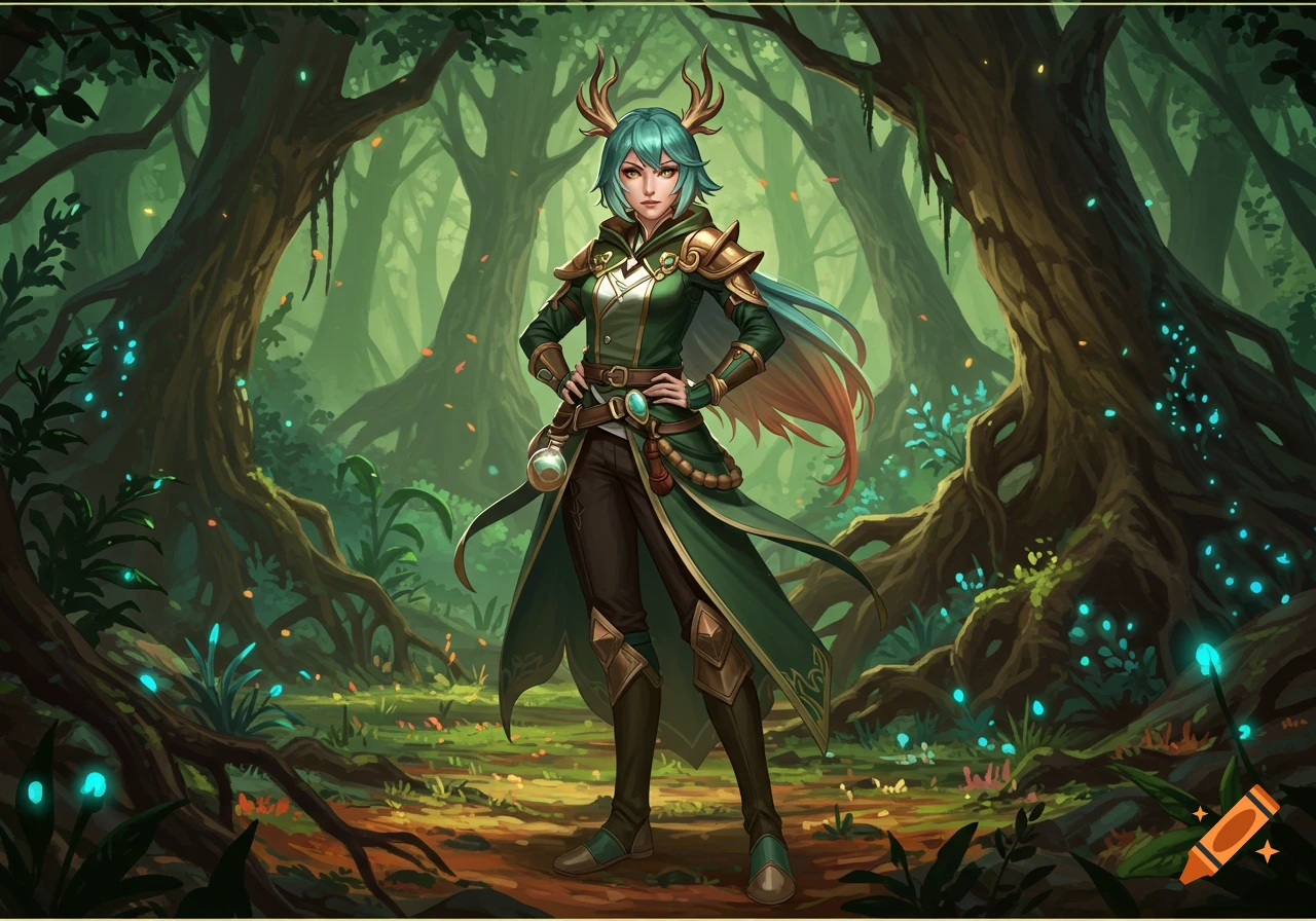 A female character with antlers and green hair in a druid outfit stands in a magical forest with glowing plants.