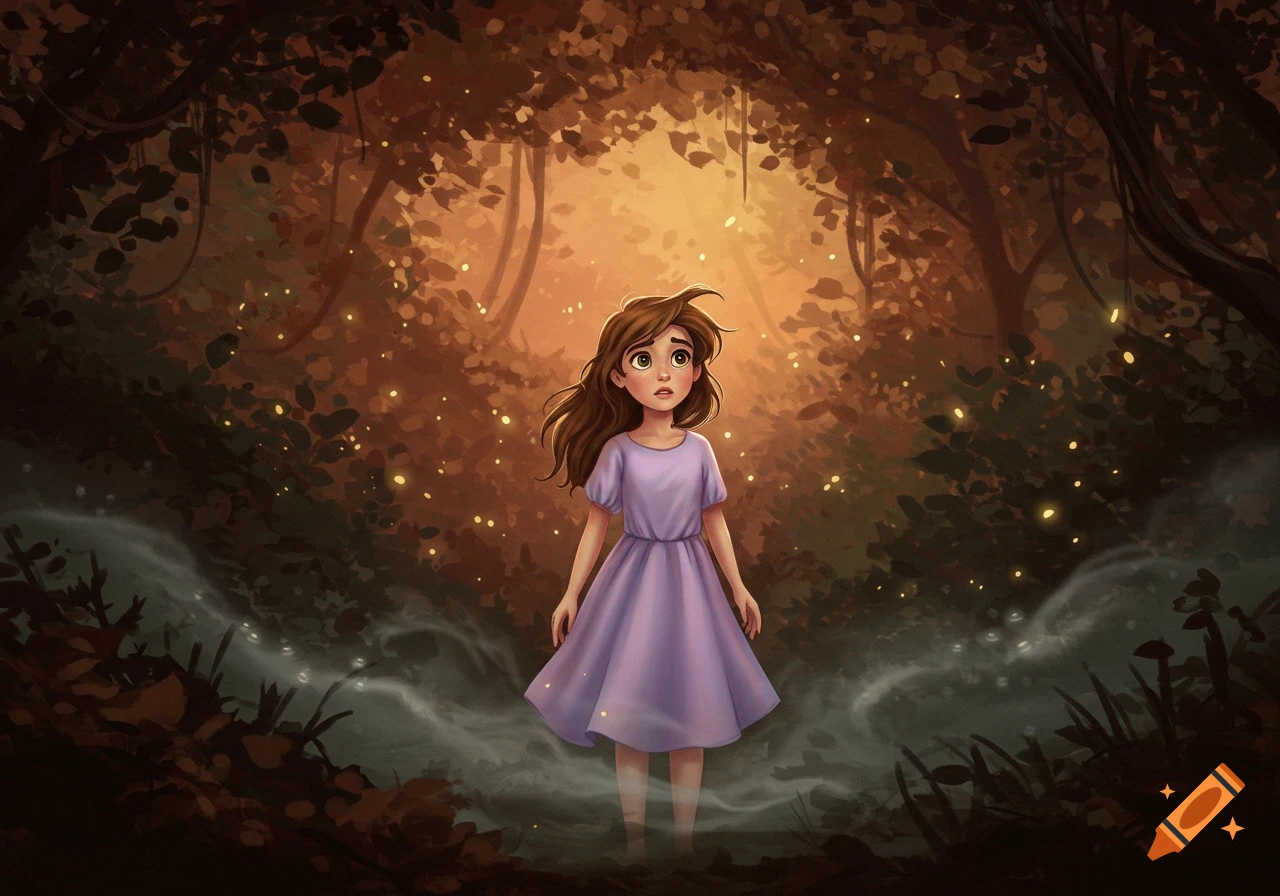 Cartoon illustration of a young girl in a purple dress standing in a dark forest with glowing leaves and misty ground, looking slightly scared.