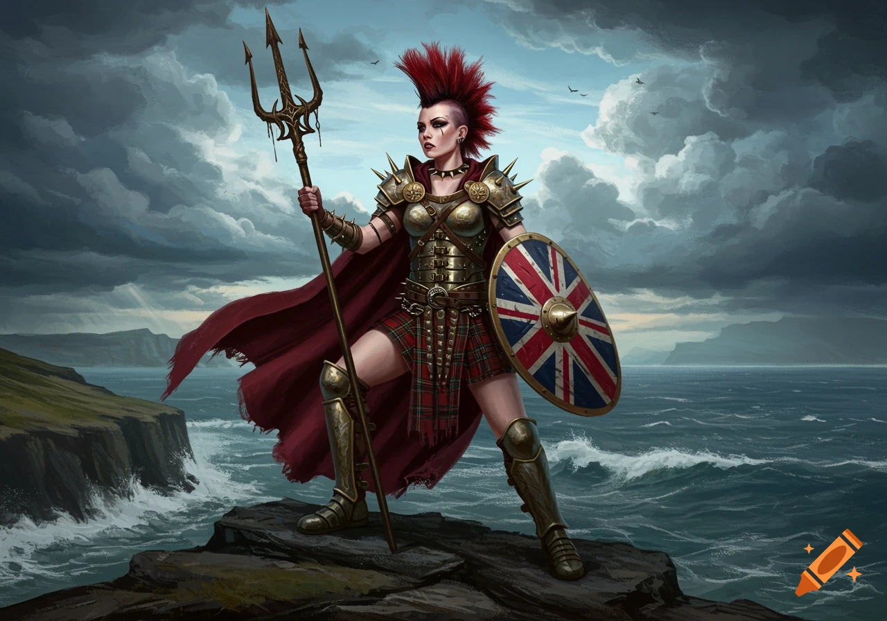 A female punk warrior with a red mohawk, golden armor, red cape, and tartan kilt stands on a cliff. She holds a trident and a Union Jack shield, overlooking a stormy sea.