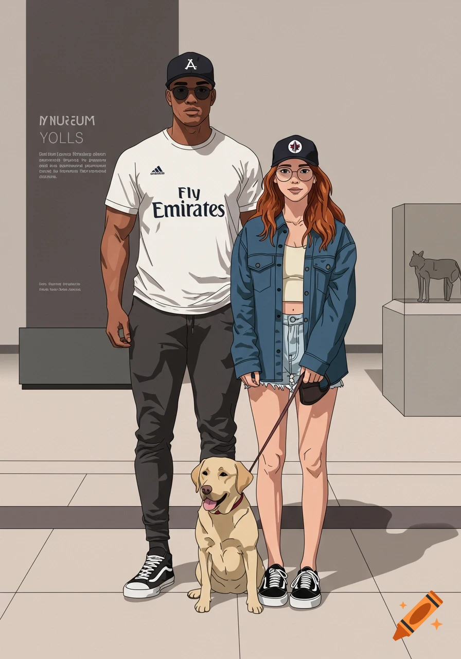 An illustrated couple and their Labrador dog stand inside a museum. The man wears a white t-shirt, dark pants, and a black cap. The woman wears a denim jacket, shorts, and a black cap.