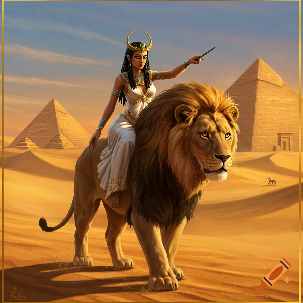 An Egyptian princess with a crescent crown rides a lion across a desert landscape with pyramids in the background, pointing with a staff.