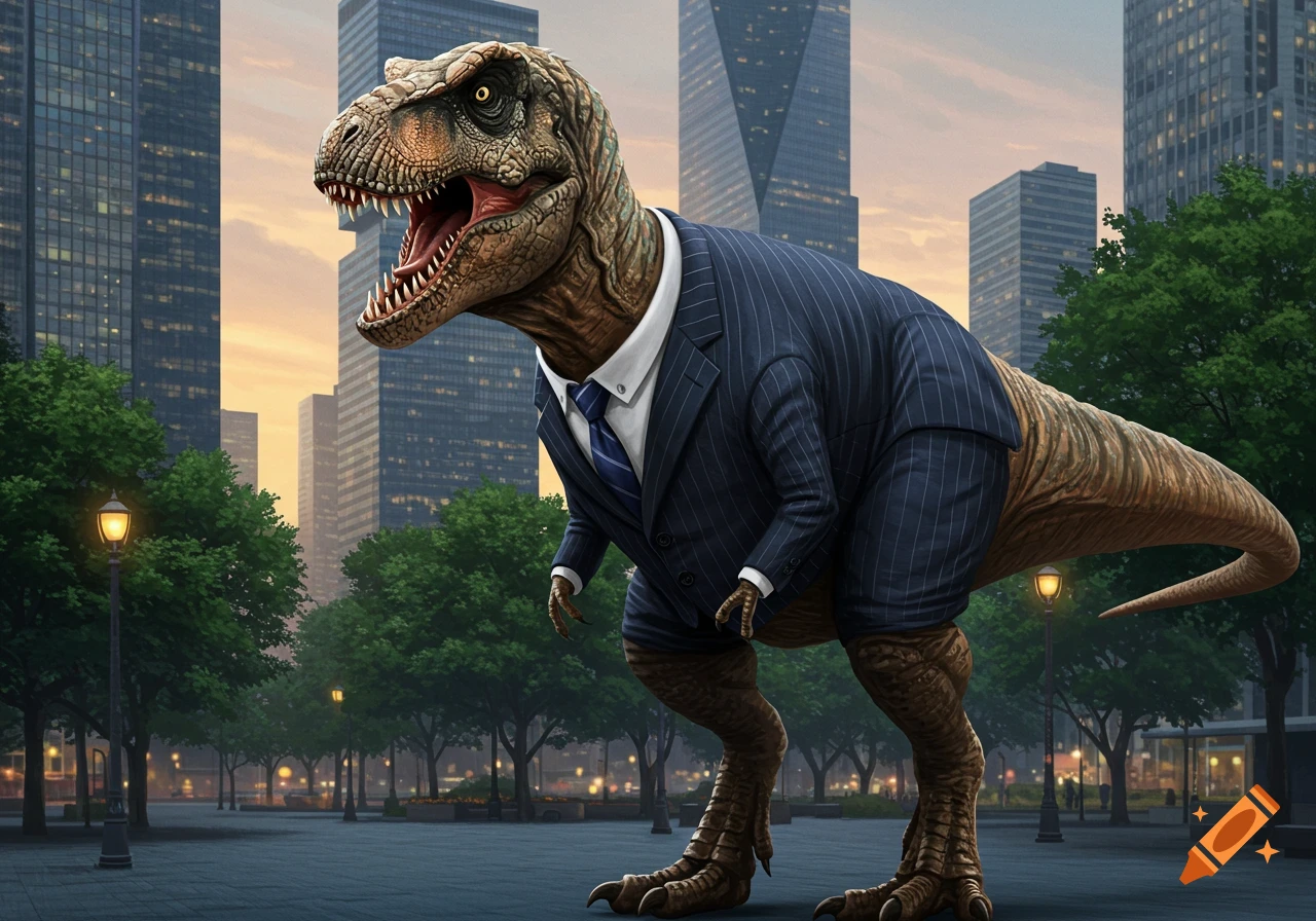 A photorealistic T-Rex in a pinstripe business suit stands in a city park with skyscrapers in the background at dusk.