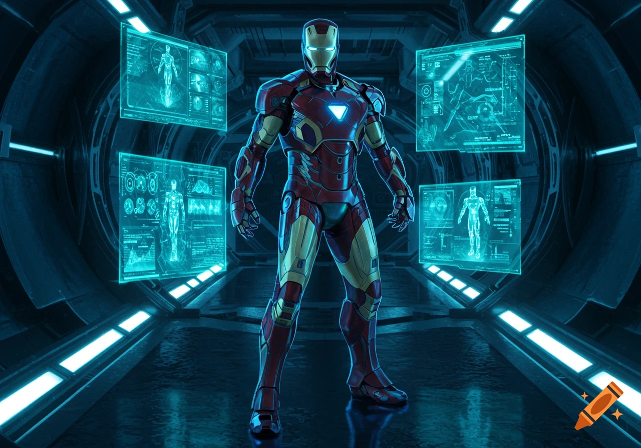 Iron Man stands in a futuristic lab surrounded by glowing blue holographic screens displaying schematics and data.