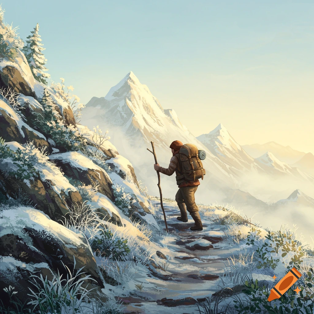 A lone hiker with a backpack and walking stick ascends a snowy mountain path with towering peaks in the background, digital painting style.