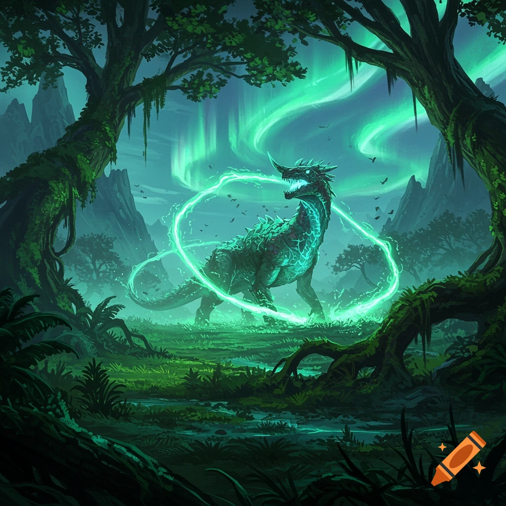 A glowing green dinosaur-like creature in a dark, lush jungle under a green aurora, surrounded by a magical light ring, in a fantasy digital art style.