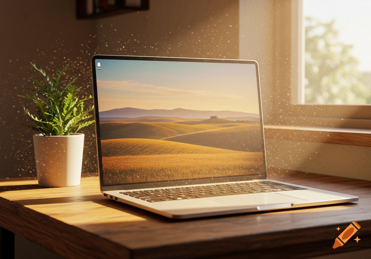 Photorealistic image of a silver laptop on a wooden desk by a sunny window, with a plant. The screen displays a golden landscape.