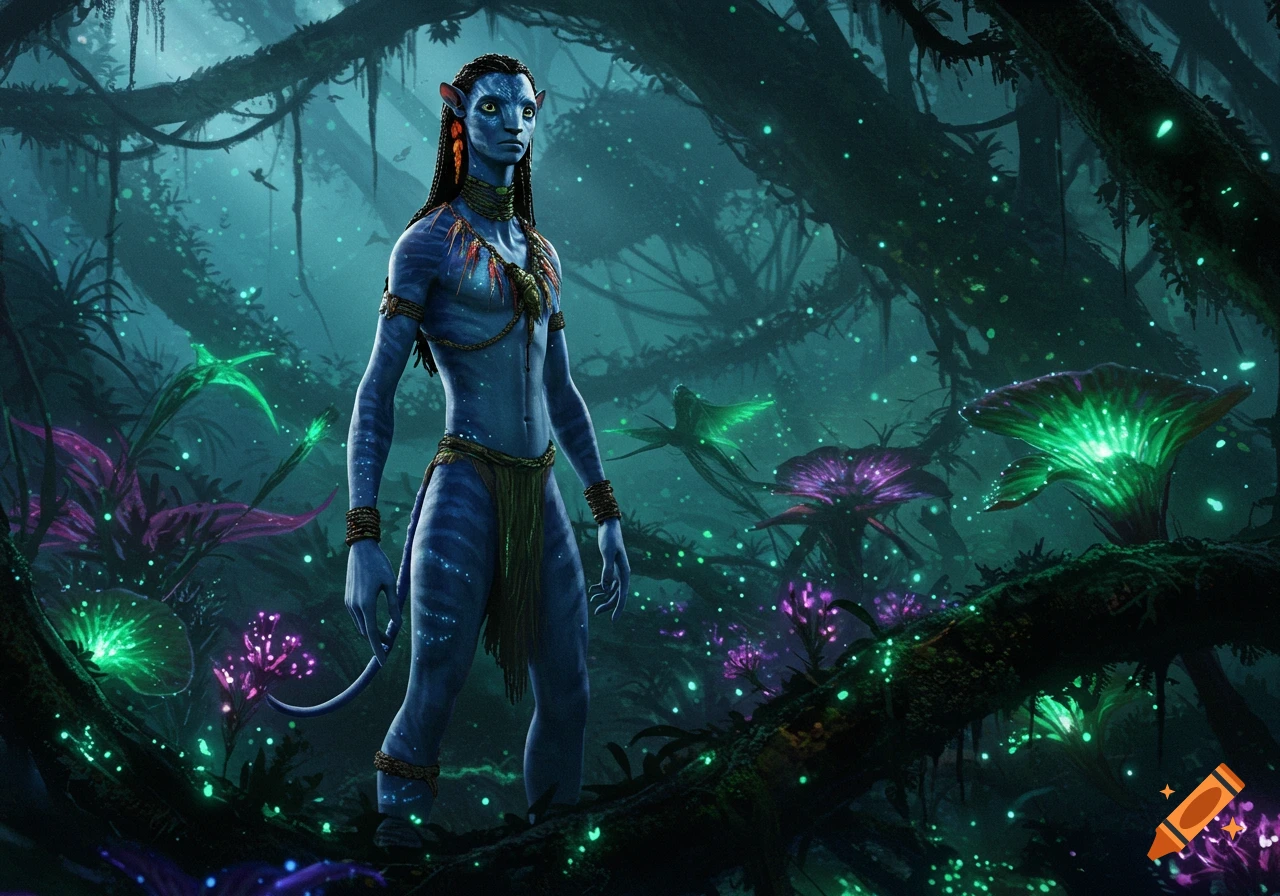 A blue Na'vi character stands in a lush, bioluminescent jungle with glowing plants and floating particles, reminiscent of Pandora.