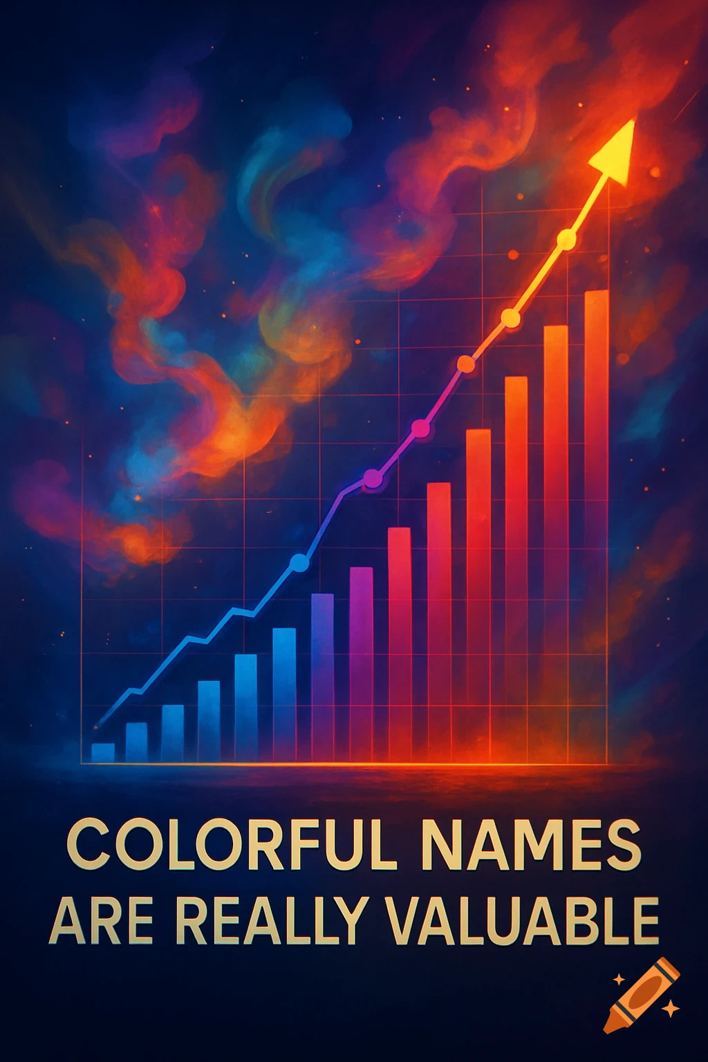 A vibrant graph with colorful bars and a rising line pointing towards an orange arrow, set against a swirling blue and orange nebula background. Text below reads "COLORFUL NAMES ARE REALLY VALUABLE."
