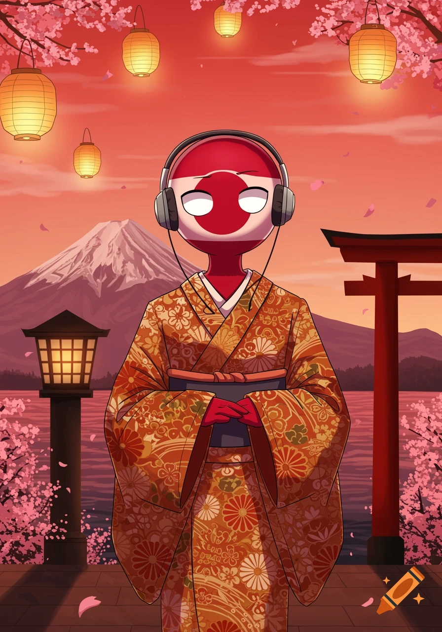 A cartoon character with Japan's flag for a head, wearing headphones and a kimono, stands by water with Mount Fuji, cherry blossoms, and lanterns at sunset.