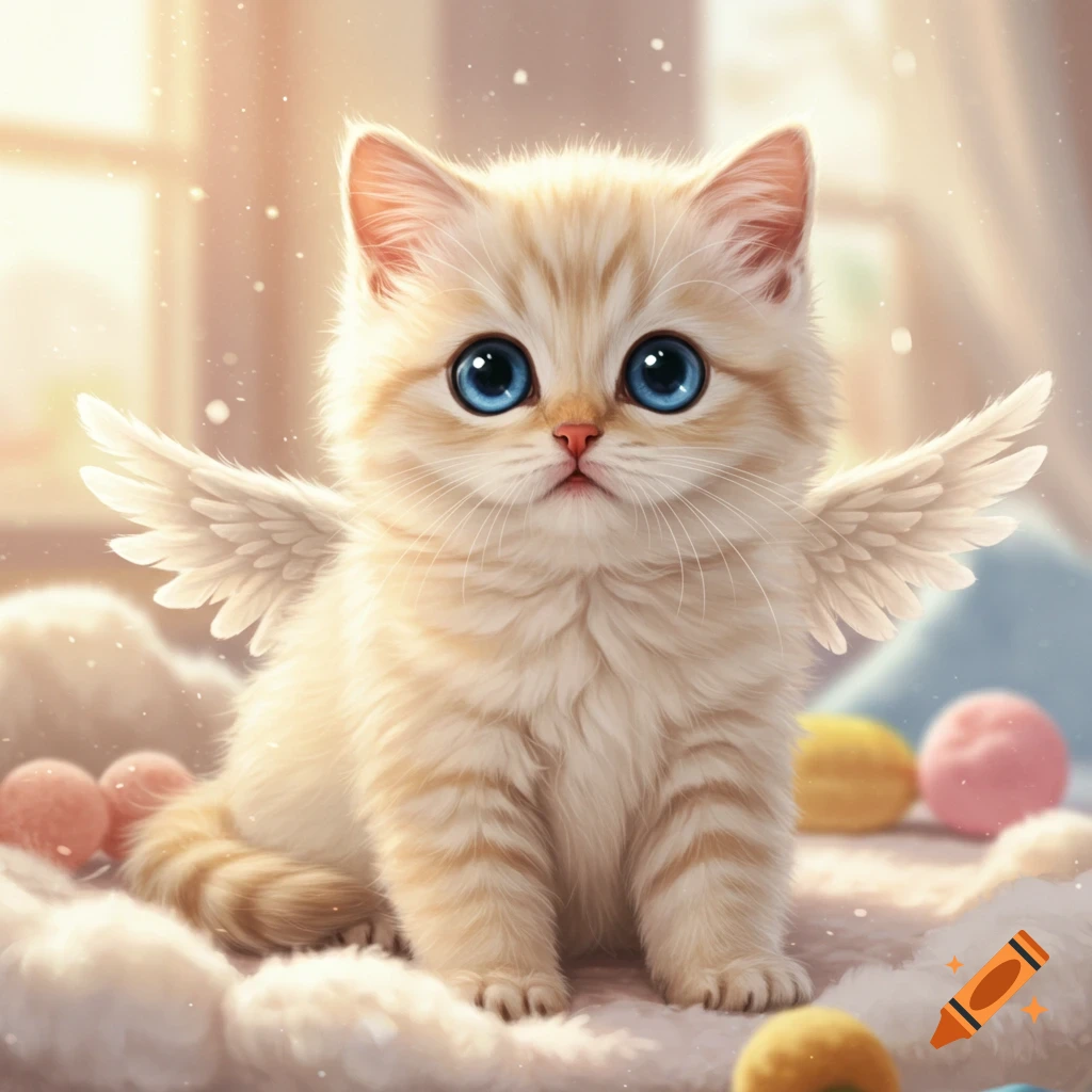 A cute fluffy orange and white kitten with large blue eyes and tiny white angel wings sits in soft, dreamy light.