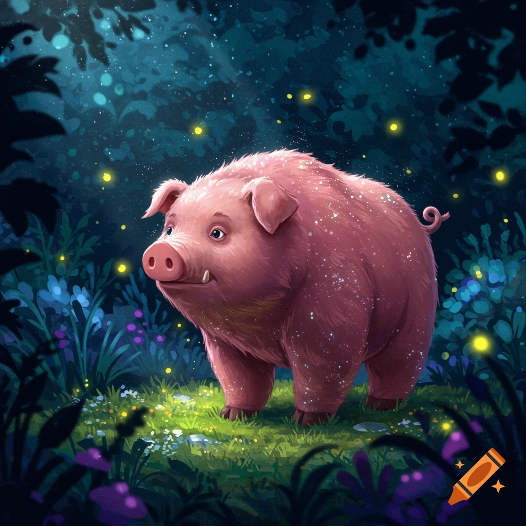 A pink, fluffy pig with small tusks stands in a glowing dark forest, surrounded by fireflies and mystical plants.