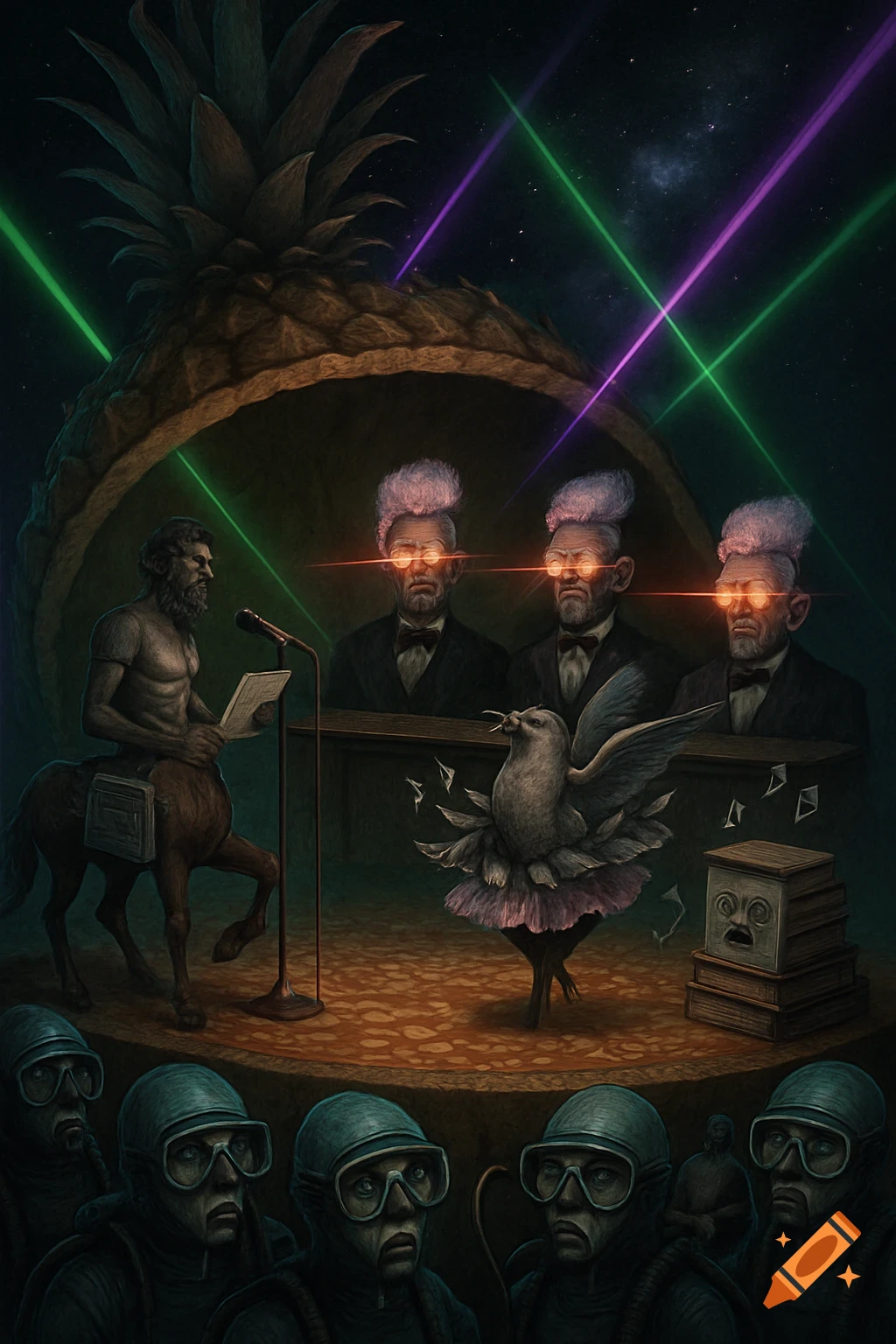 A surreal talent show within a giant pineapple, featuring a centaur speaking, a bird in a tutu, laser-eyed judges, and an audience in scuba gear.