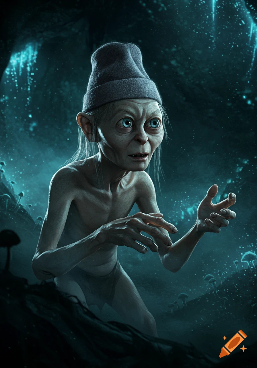 Gollum, wearing a grey beanie, looks wide-eyed in a dark, glowing cave with mushrooms, reaching out with his hands.