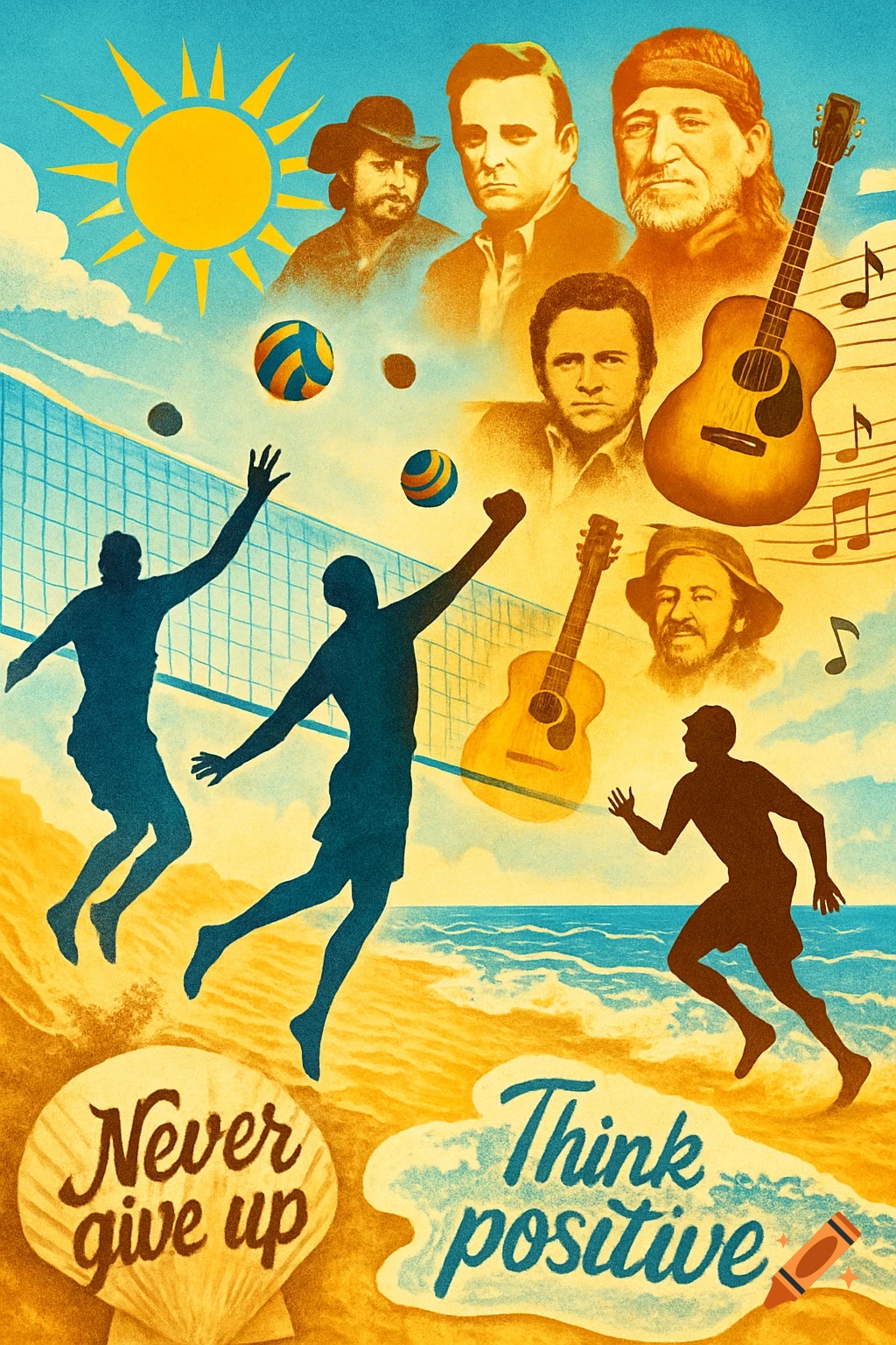 Collage illustration of beach volleyball players, country music singer portraits, guitars, a beach scene, and inspirational text 'Never give up' and 'Think positive'.