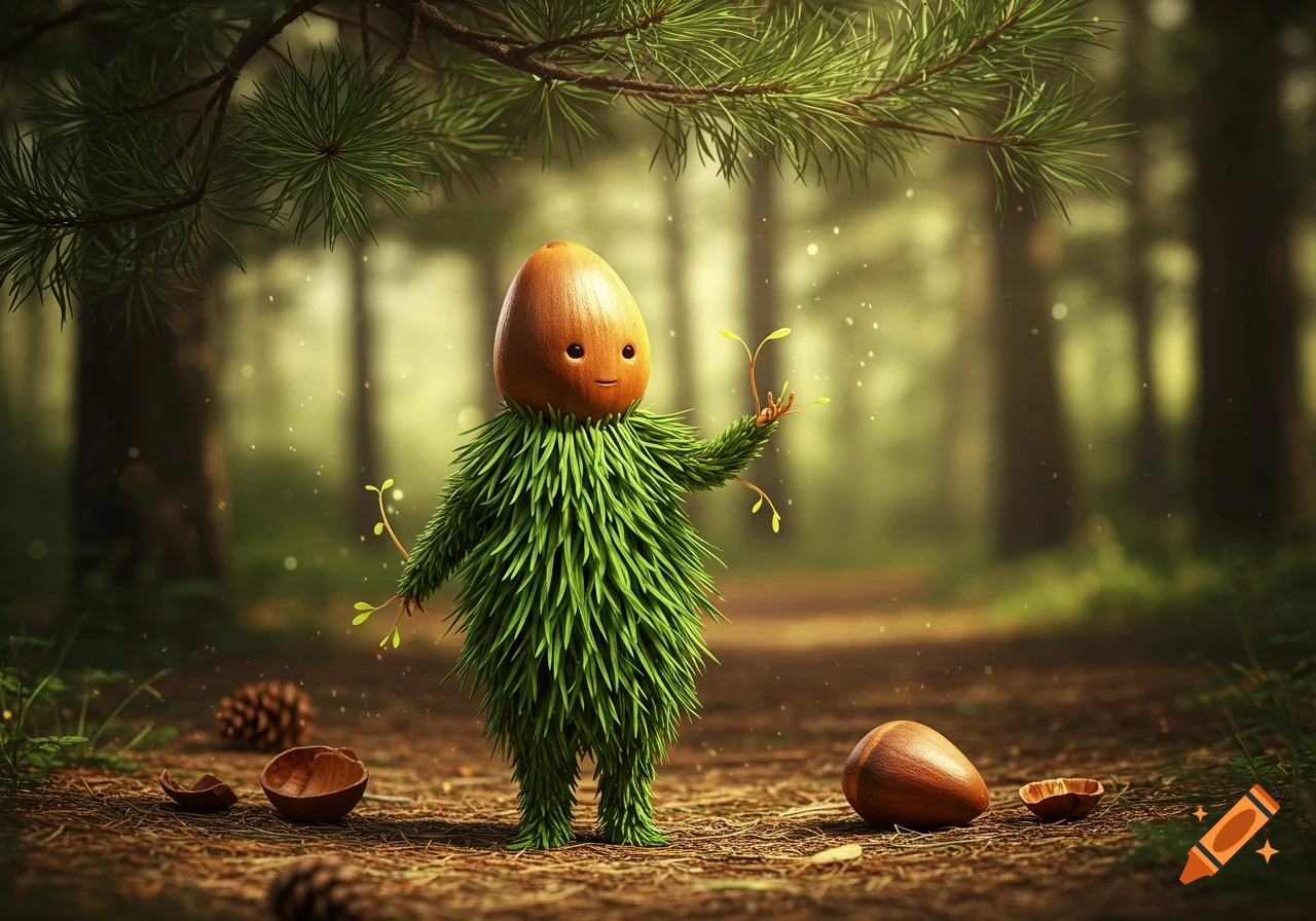 A whimsical creature with a pine nut head and green pine needle body stands on a forest path with glowing particles.