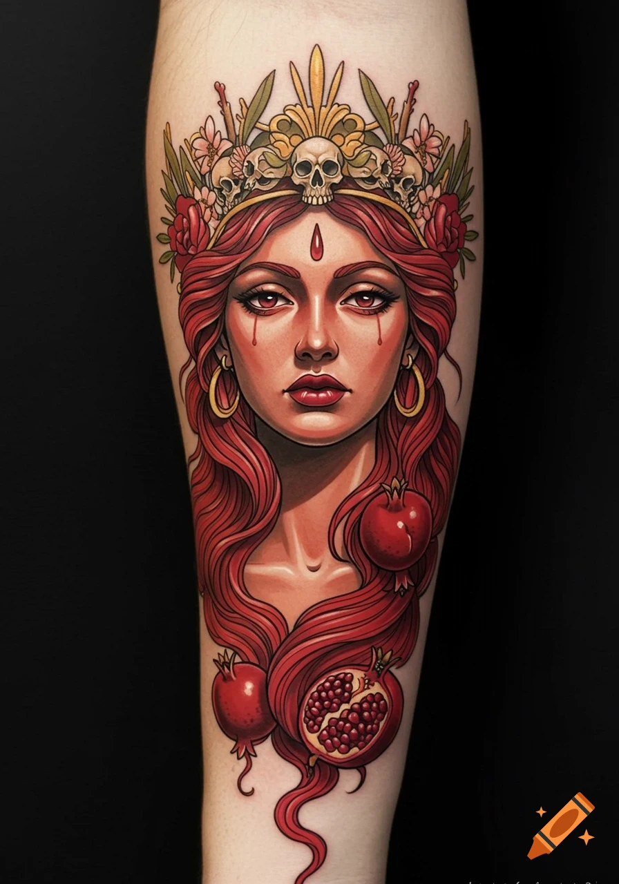 Detailed tattoo of Persephone with long red hair, wearing a crown adorned with skulls, flowers, and pomegranates on a forearm.