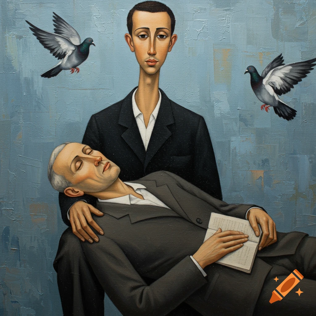 A Modigliani-style painting of a man with an elongated neck holding an older man with a book, with two pigeons flying.