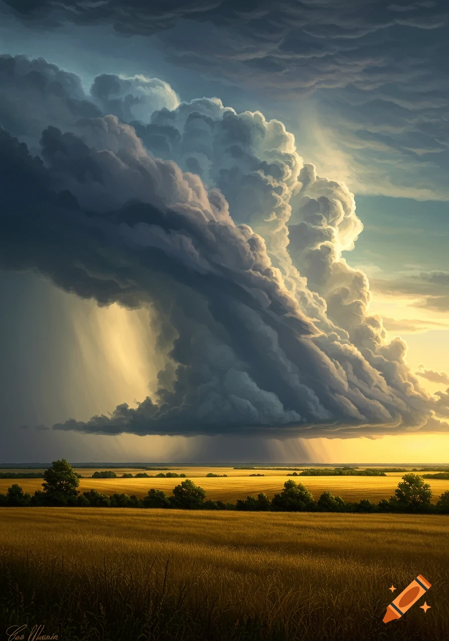 A dramatic shelf cloud looms over a golden field under a stormy, sunlit sky.