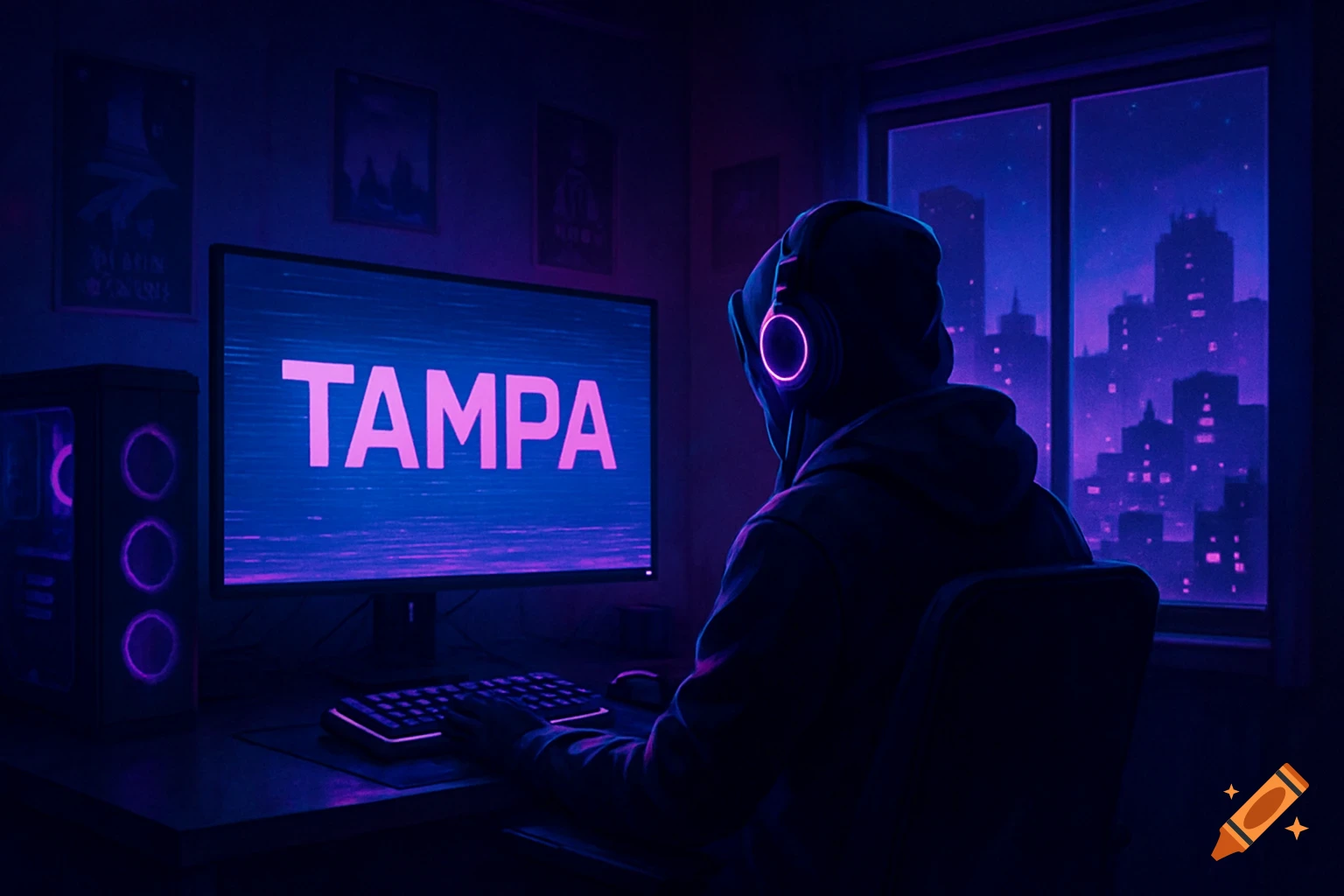 A person in a hoodie and glowing headphones plays at a cyberpunk gaming setup, with 'TAMPA' on screen and a neon city outside the window.