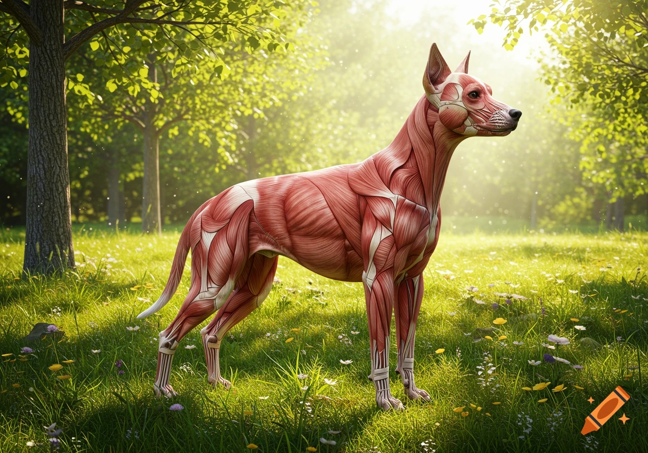 A photorealistic depiction of a dog with exposed muscle anatomy standing in a sunlit grassy field with trees.