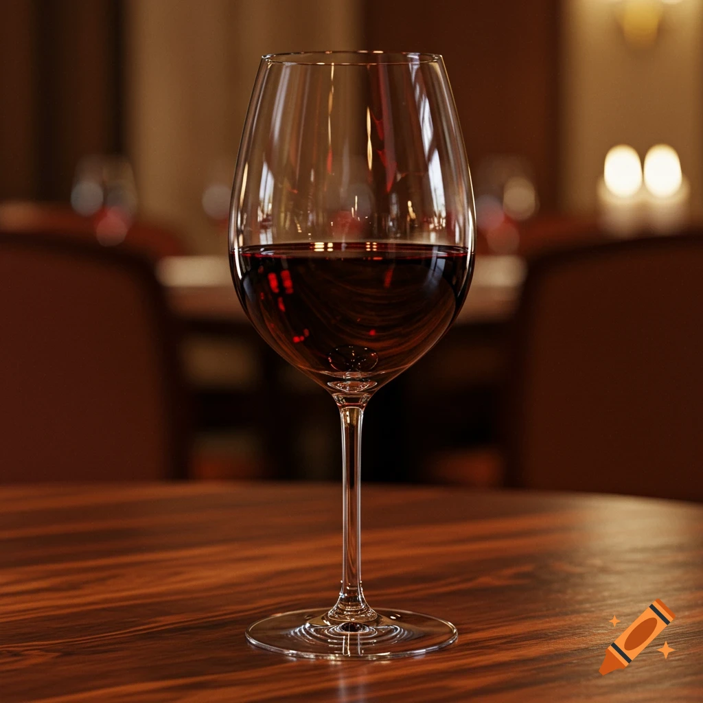A full glass of red wine sits on a polished wooden table in a dimly lit restaurant, photorealistic style.