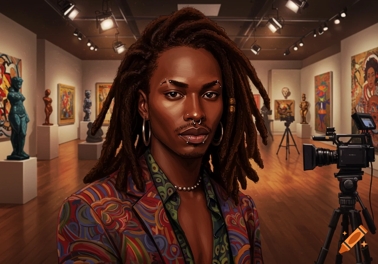 Illustrated portrait of an androgynous Black person with dreadlocks and piercings in a colorful suit, standing in an art gallery with a camera.