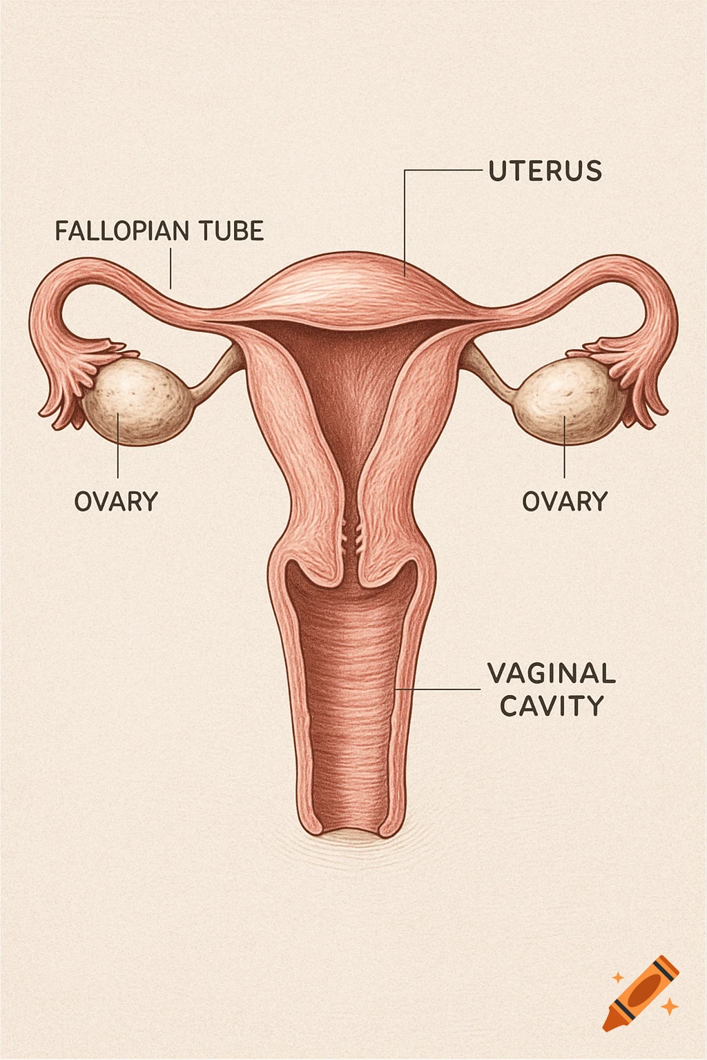 Anatomical illustration of the female reproductive system with labels for uterus, fallopian tube, ovary, and vaginal cavity.