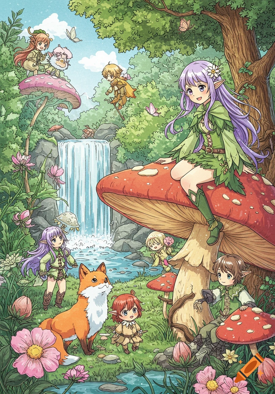 Anime-style elves and a fox in a vibrant fantasy forest with large mushrooms, a waterfall, and a stream.