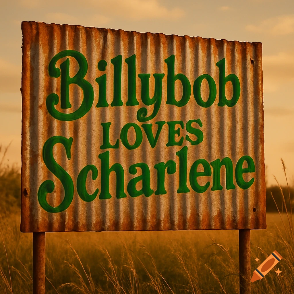 A rustic corrugated metal sign in a field reads 'Billybob Loves Scharlene' in green text, against an orange sunset sky.