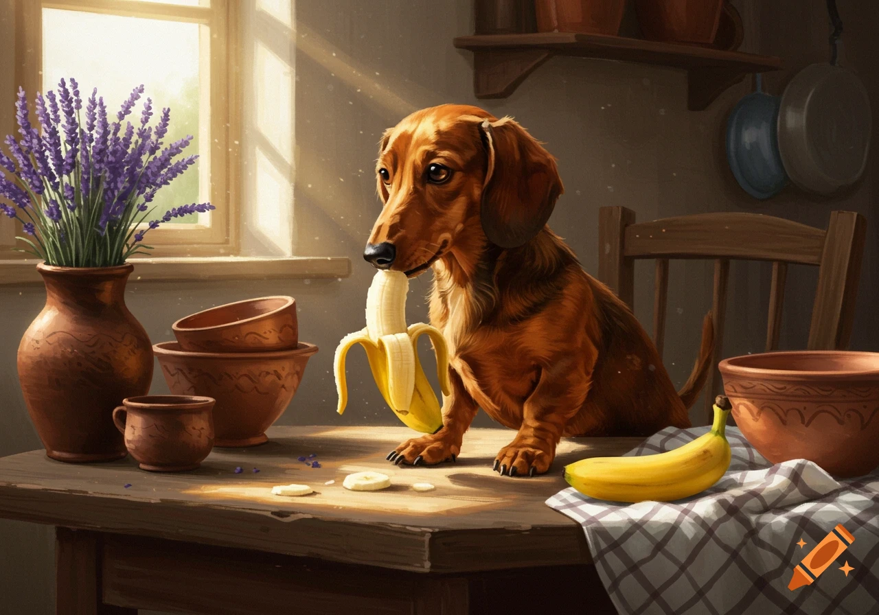 A brown dachshund sits on a wooden table, eating a peeled banana in a sunlit, rustic room with pottery and lavender.