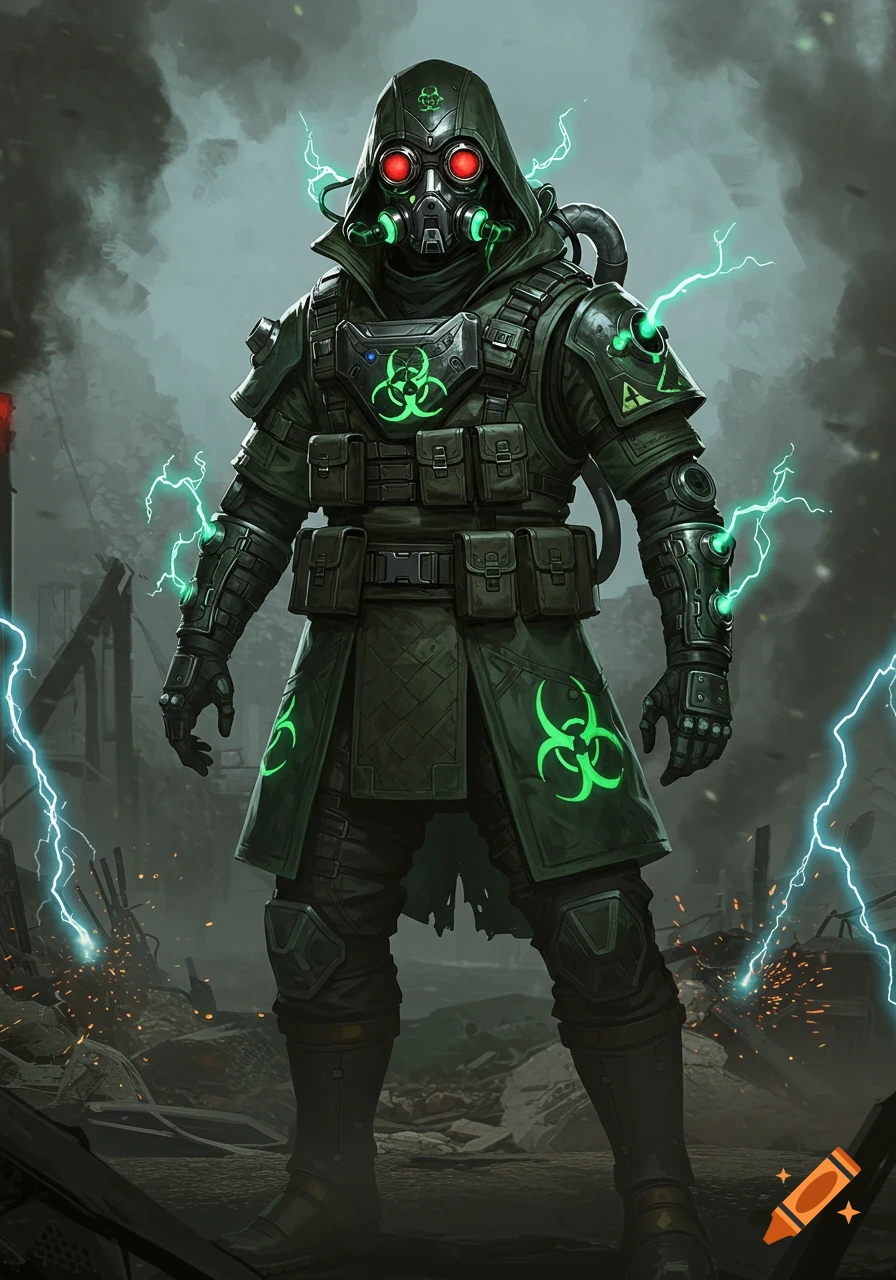A figure in a green biohazard suit and gas mask with glowing red eyes stands amidst green lightning and a smoky, ruined landscape.